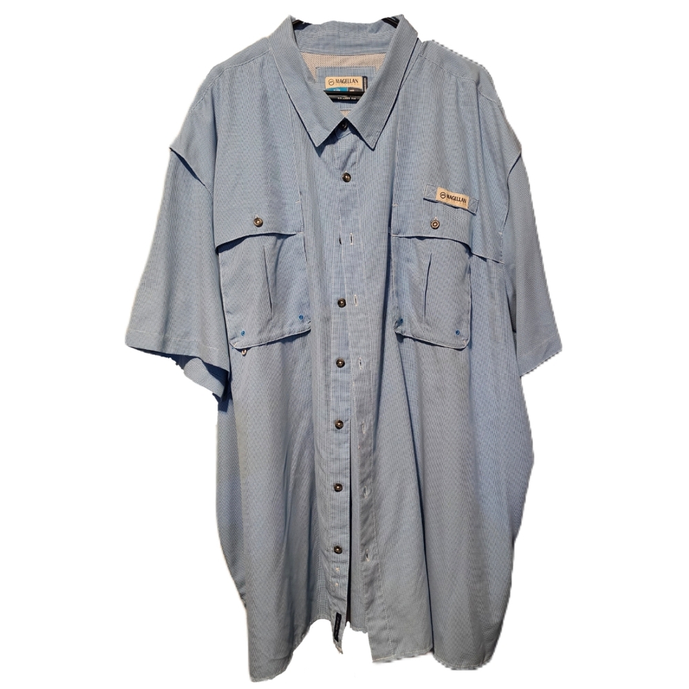 Blue short sleeve button up fishing shirt.